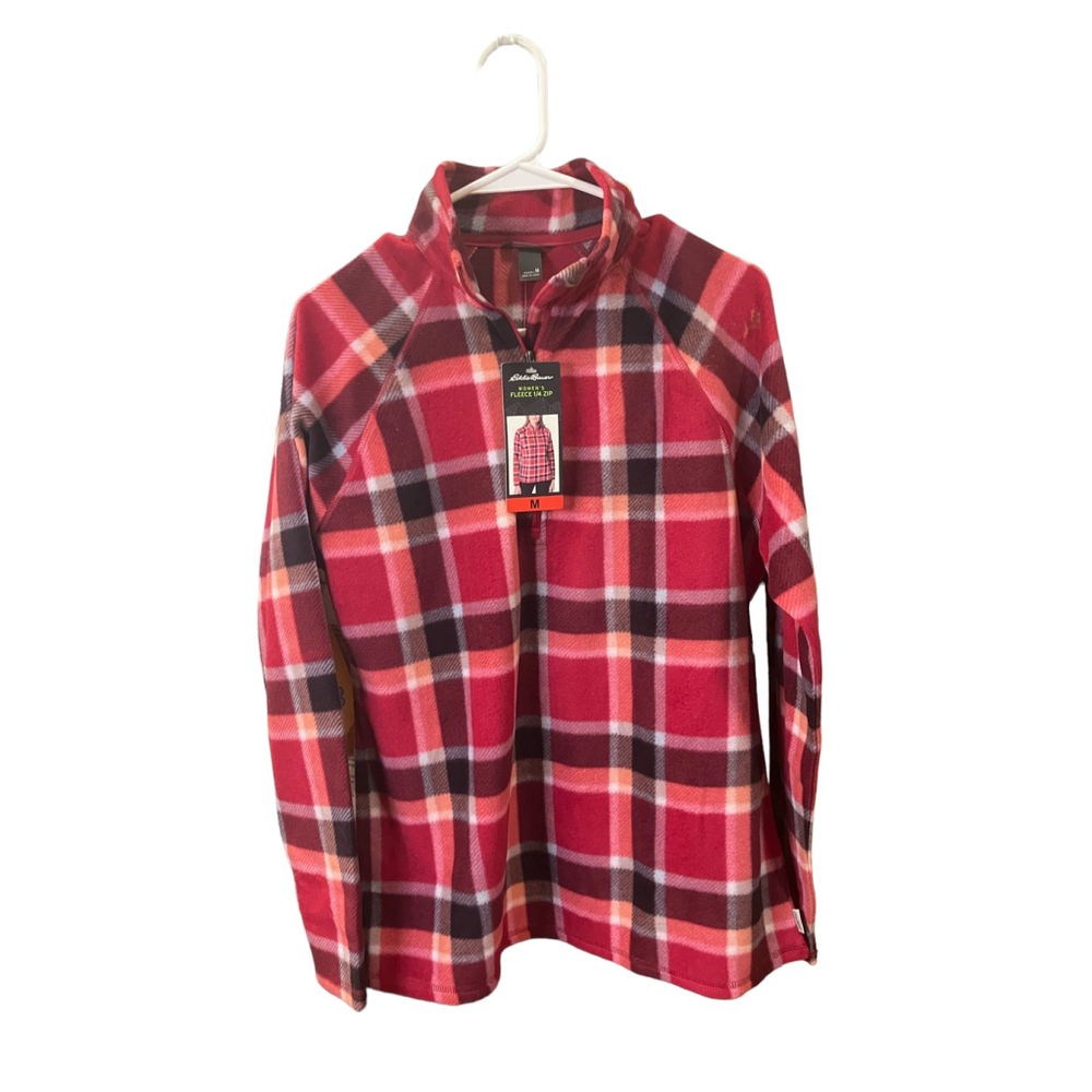 Eddie Bauer Dark Berry Red Plaid Lightweight Fleece 1/4 Zip Size M NEW - Picture 9 of 11